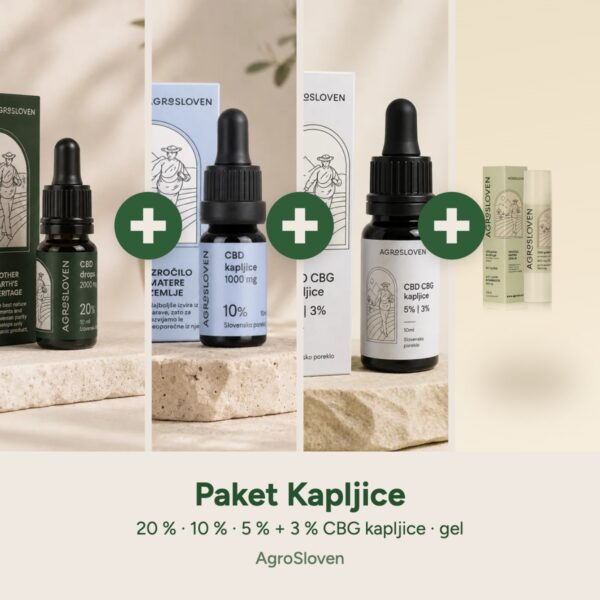 Paket Kapljice: 20 % in 10 % CBD kapljice, 5 % CBD + 3 % CBG kapljice in CBD grelno-hladilni gel