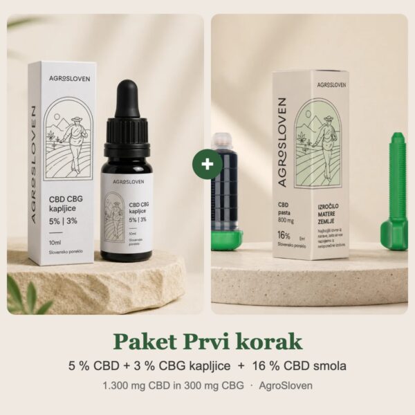 AgroSloven paket Prvi korak: 5 % CBD + 3 % CBG kapljice in 16 % CBD smola